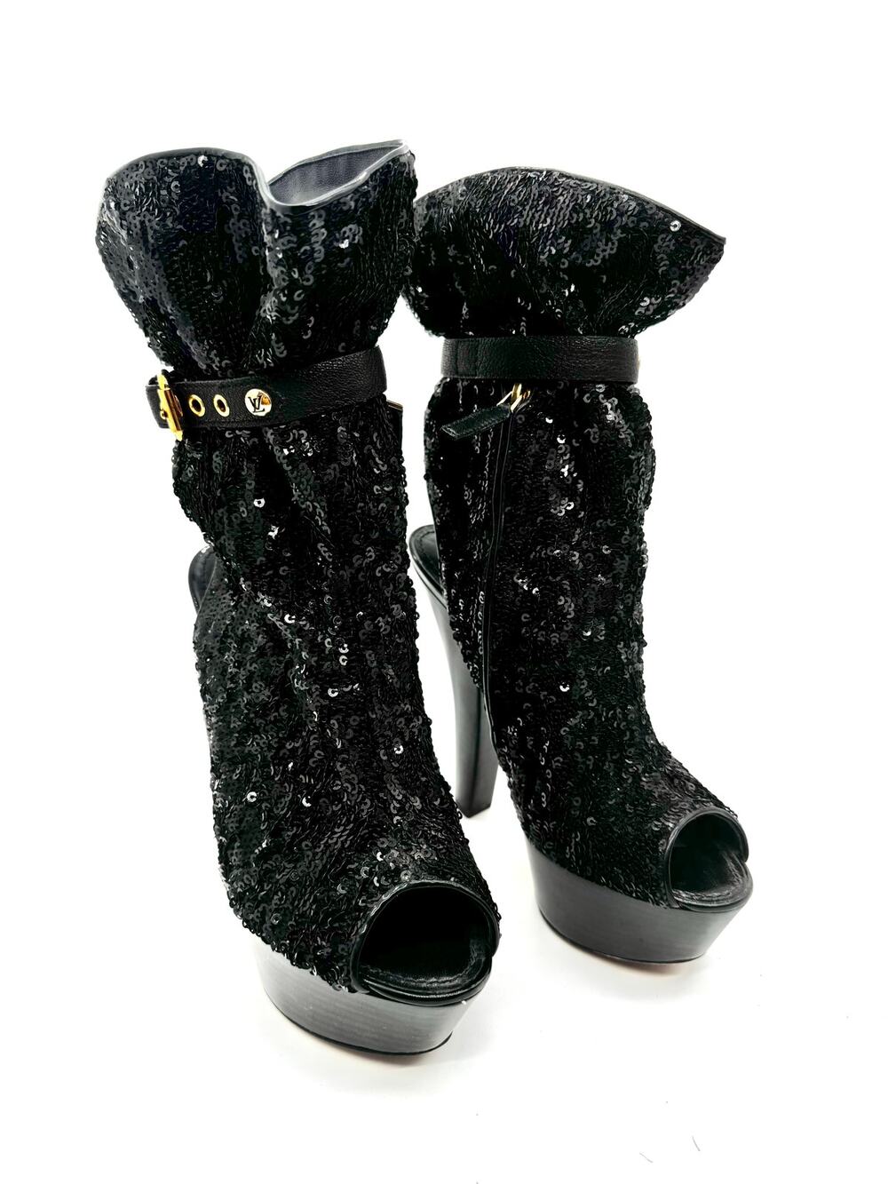 Louis Vuitton Black Sequin Leather Peep Toe Platform Boots 140mm EU 37